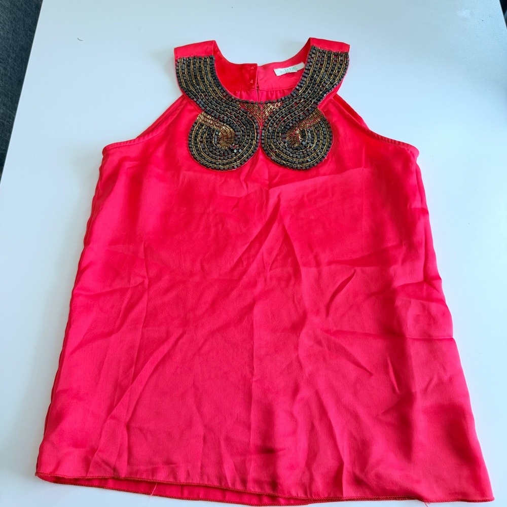 Jade Melody Tam Womens XS Coral Red Beaded Bib Halter Sleeveless Blouse Top